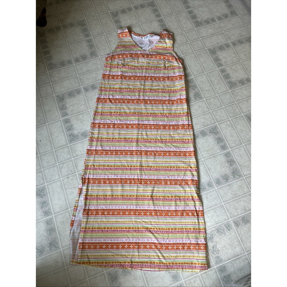 Fresh Produce Orange Striped V Neck Maxi Dress Size Large Pullover Casual Cotton